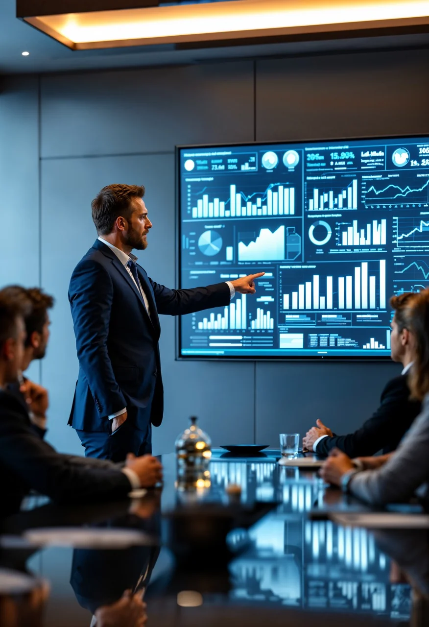 Business presentation with marketing analytics and performance charts