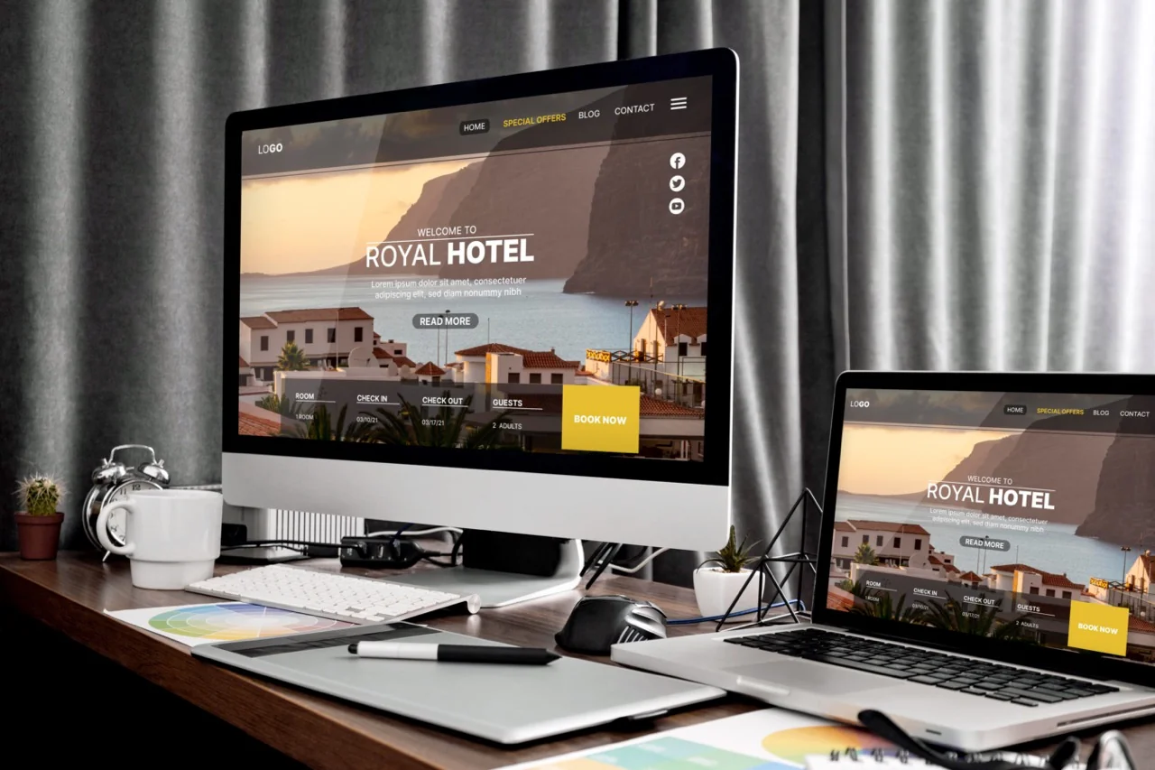Website design for hotel booking platform displayed on computer screens