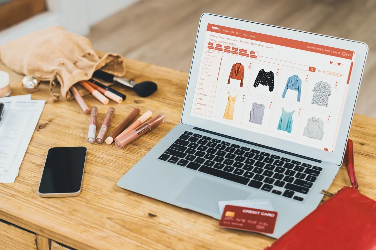 Ecommerce fashion store website displayed on laptop with online shopping products