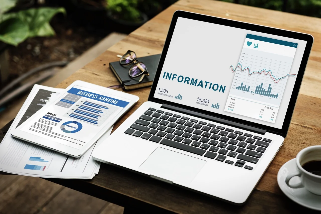 Business analytics dashboard and statistics displayed on laptop